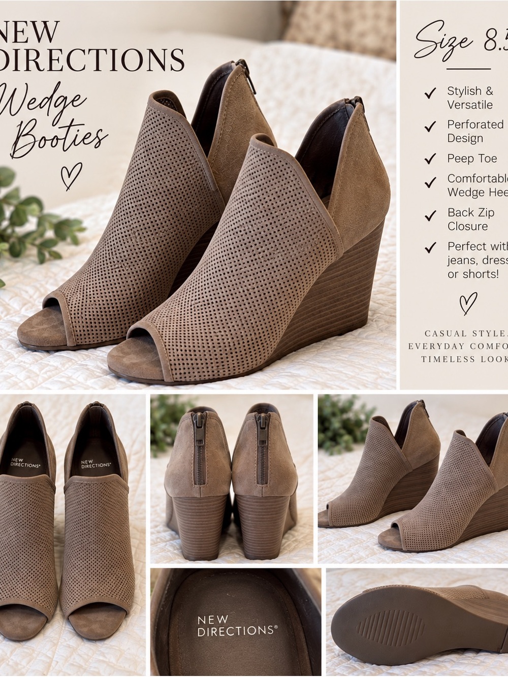 new directions Taupe Perforated Peep-Toe Wedge Booties